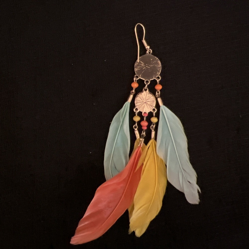Boho Feather Single Dangle Earring Turquoise Yellow Orange Statement Earring - Picture 5 of 7